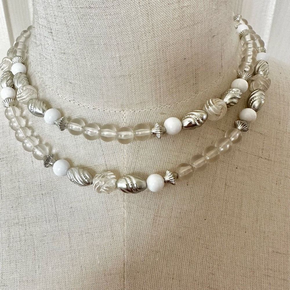Silver tone clear and white long beaded necklace